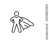 Superhero icon, proud man, pose brave person with cape, strong hero, super power, thin line symbol on white background - editable stroke vector illustration.