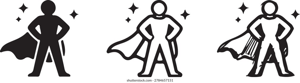 Superhero icon set showing person with cape and sparkles. collection of cartoon line art and doodle style illustrations.