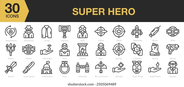 Superhero icon sets. Includes Hammer, villain, Trident, Helmet, Telekinesis, Robot, Teleport, Sword, and More. Outline icons vector collection.