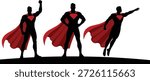 Superhero icon trio with red capes and emblems in action poses for heroism, strength, power, and comic design content