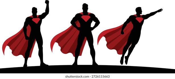 Trío de iconos de superhéroes con capas rojas y emblemas en poses de acción para heroísmo, fuerza, poder y contenido de diseño de cómics