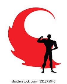 Superhero Icon - Vector Superhero Black Silhouette Wearing Red Cloak Flying And Swirl On Wind. Superman With Strong Arm. Strong Man As Fitness Sign, Masculinity Symbol, Protection Emblem. Eps 10.