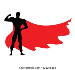 Superhero icon - vector black Superhero silhouette wearing red cloak flying on wind. Superman with strong arm posing. Strong man as fitness sign, masculinity symbol, protection emblem. Eps 10.