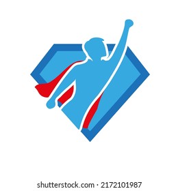 Superhero icon. vector superhero silhouette wearing red cloak flying on wind.