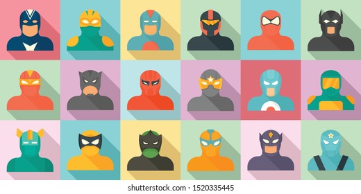 Superhero icons set. Flat set of superhero vector icons for web design