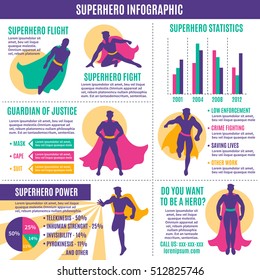 Superhero infographics layout with avatars in costumes text information graphs statistic and diagrams flat vector illustration 