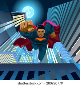 Superhero jumps off the roof and flies at the camera. Vector illustration