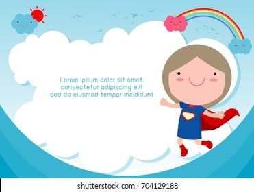 Superhero kid against blue sky background,Template for advertising brochure,your text ,Cute little Superhero Children's, Kids and frame,child and frame,Vector Illustration, kids