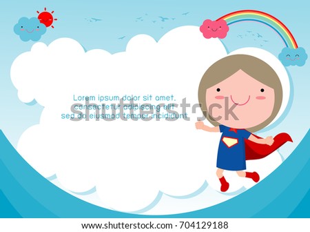 Superhero kid against blue sky background,Template for advertising brochure,your text ,Cute little Superhero Children's, Kids and frame,child and frame,Vector Illustration, kids