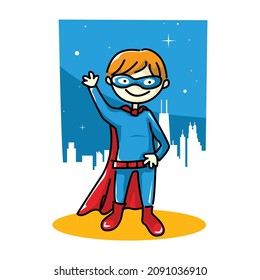 superhero kid character illustration with city background