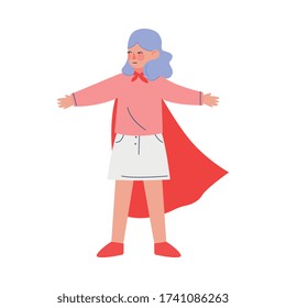 Superhero Kid, Cute Brave Boy in Red Cape Standing with Outctrethed Hands Vector Illustration