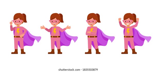 Superhero kid girl character vector design. Presentation in various action.
