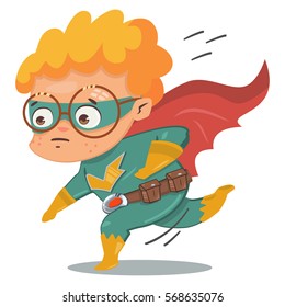Superhero kid in green costume in cloak vector cartoon character isolated on a white background.