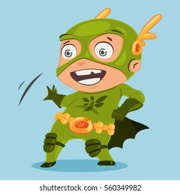 Superhero kid in a green costume vector cartoon character isolated on background.