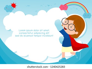 Superhero kid on background. Template for advertising brochure, your text. Cute little Superhero Children's.  Kids and frame, child and frame. Vector Illustration
