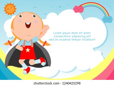 Superhero kid on background. Template for advertising brochure, your text. Cute little Superhero Children's.  Kids and frame, child and frame. Vector Illustration