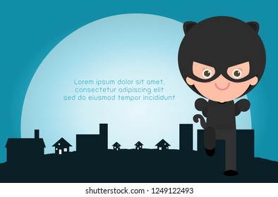 Superhero kid on background. Template for advertising brochure, your text. Cute little Superhero Children's.  Kids and frame, child and frame. Vector Illustration