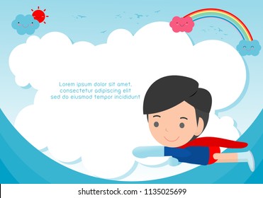 Superhero kid on background,Template for advertising brochure,your text ,Cute little Superhero Children's, Kids and frame,child and frame,Vector Illustration