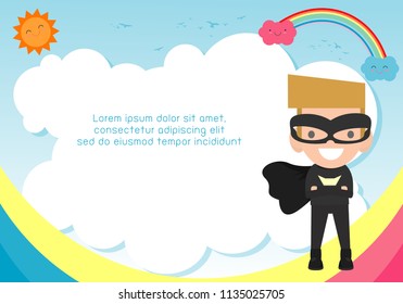 Superhero kid on background,Template for advertising brochure,your text ,Cute little Superhero Children's, Kids and frame,child and frame,Vector Illustration