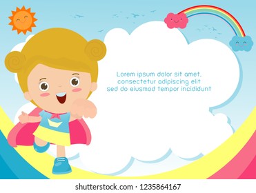 Superhero kid on background,Template for advertising brochure,your text ,Cute little Superhero Children's, Kids and frame,child and frame,Vector Illustration