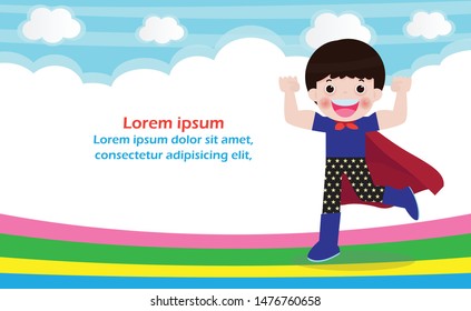 Superhero kid on background,Template for advertising brochure,your text ,Cute little Superhero Children's, Kids and frame,child and frame,Vector Illustration