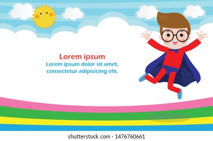 Superhero kid on background,Template for advertising brochure,your text ,Cute little Superhero Children's, Kids and frame,child and frame,Vector Illustration