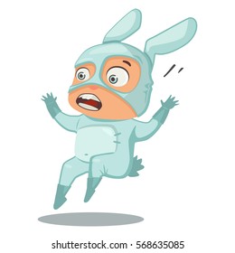 Superhero kid in rabbit costume. Vector cartoon character isolated on a white background.
