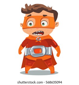 Superhero kid in a red costume in cloak and mask vector cartoon character isolated on a white background.