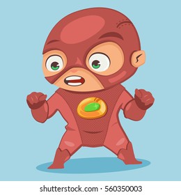 Superhero kid in a red costume vector cartoon character isolated on background.