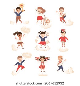 Superhero Kid at School Flying Forward Achieving Goal and Gaining Knowledge Vector Set