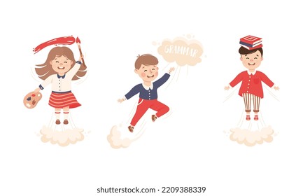 Superhero Kid at School Flying Forward Achieving Goal and Gaining Knowledge Vector Set
