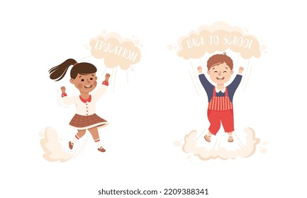 Superhero Kid at School Flying Forward Achieving Goal and Gaining Knowledge Vector Set
