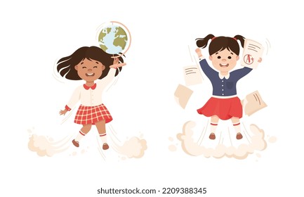 Superhero Kid at School Flying Forward Achieving Goal and Gaining Knowledge Vector Set