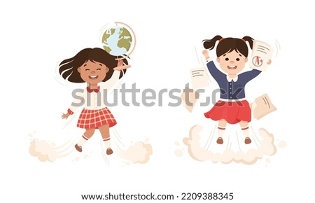 Superhero Kid at School Flying Forward Achieving Goal and Gaining Knowledge Vector Set
