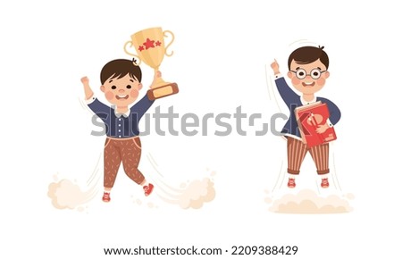 Superhero Kid at School Flying Forward Achieving Goal and Gaining Knowledge Vector Set