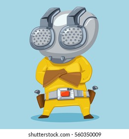 Superhero kid in a yellow costume and a metal mask vector cartoon character isolated on background.