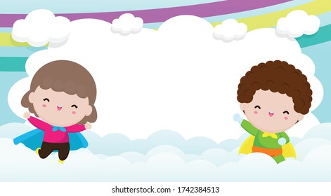Superhero kids advertising background,Template for advertising brochure, your text ,Cute little Super hero Children and frame, child hero and copy space isolated on background vector illustration