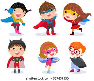 Superhero Kids Boys And Girls Cartoon Vector Illustration Collection. 