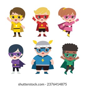 Superhero kids. Boys and girls in colorful superhero costumes of various superheroes.