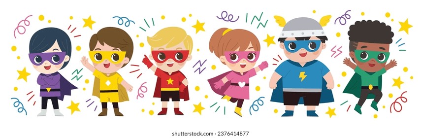 Superhero kids. Boys and girls in colorful superhero costumes of various superheroes.