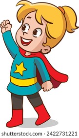 Superhero kids Cartoon Character vector Illustration.little kid wearing super hero costume and feel happy