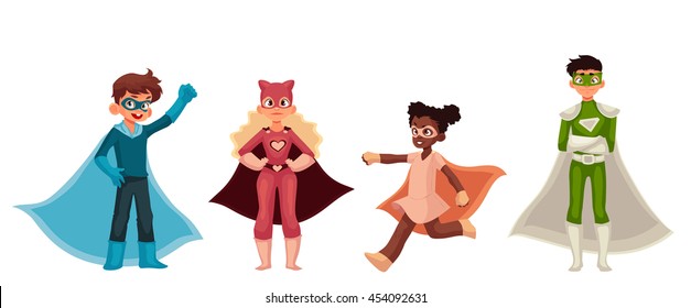 Superhero kids cartoon style vector illustration isolated on white background. Boys and girls in superhero costumes playing superpower, children in superhero fancy dresses