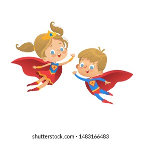 Superhero kids cartoon vector illustration. Super hero children illustration isolated on white background. Cartoon vector characters of Kid Superheroes, for party, invitations, web, mascot