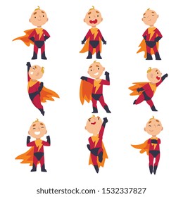 Superhero kids characters in different situations cartoon vector illustration