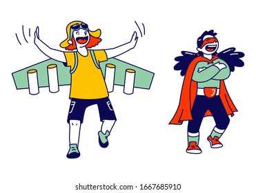 Superhero Kids Characters Rejoice and Having Fun. Little Boy Wearing Pilot Costume with Wings and Girl in Red Cape Performing on Stage. Motivation, Success, Genius People. Linear Vector Illustration