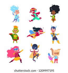Superhero Kids. Children Wearing In Superheroes Costumes. Carton Cosplay Vector Characters Set