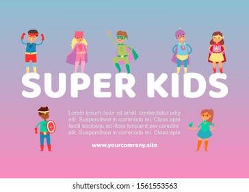 Superhero kids in costumes vector web illustration or poster. Children, boys and girls dressed in super hero costume for masquerade, cartoon characters. Cute little superhero kids collection.