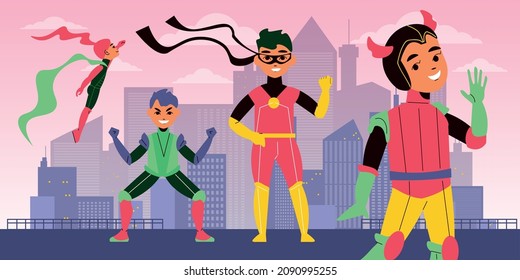 Superhero kids flat background with cartoon characters dressed in costumes with cape mantle and mask vector illustration