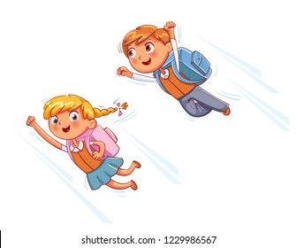 Superhero kids fly to school. Funny cartoon character. Vector illustration. Isolated on white background