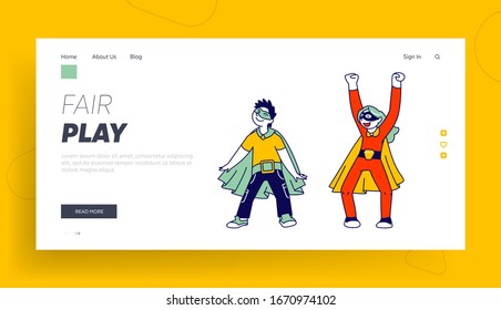 Superhero Kids Friends Playing and Have Fun Together Landing Page Template. Children Super Hero Characters in Comics Costumes and Capes Ready to Win, Leadership Success. Linear Vector Illustration
